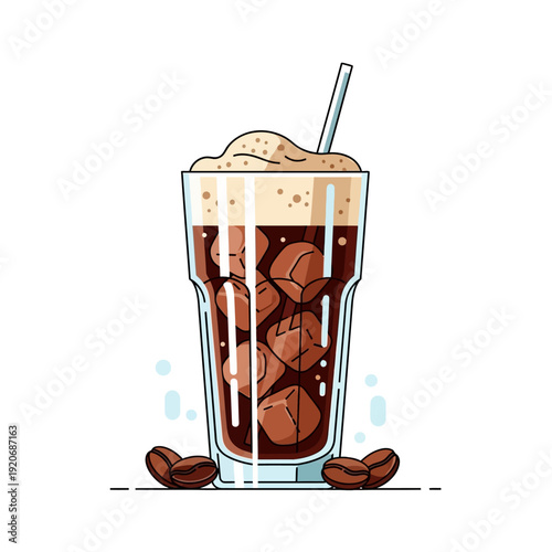 Refreshing Iced Coffee with Cream and Ice Cubes, Coffee Beans, and Straw