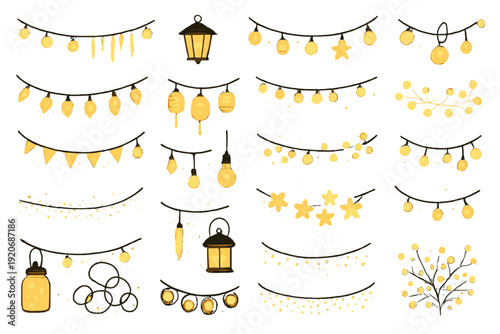 Decorative yellow light bulbs and lanterns hang in various shapes and patterns on lines for a festive atmosphere at an outdoor event