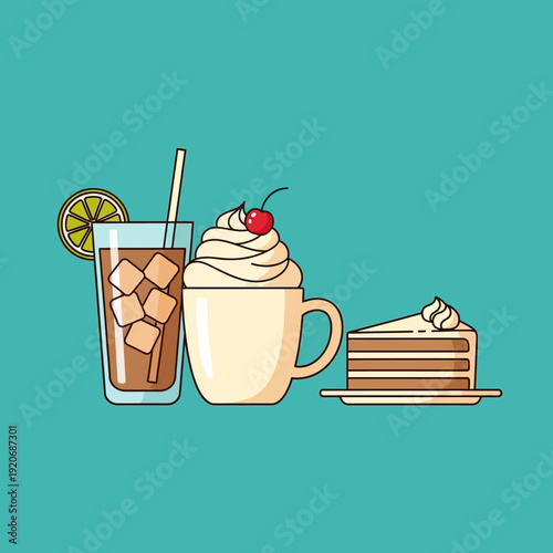 Refreshing Iced Coffee, Creamy Hot Chocolate, and Slice of Cake on Teal Background