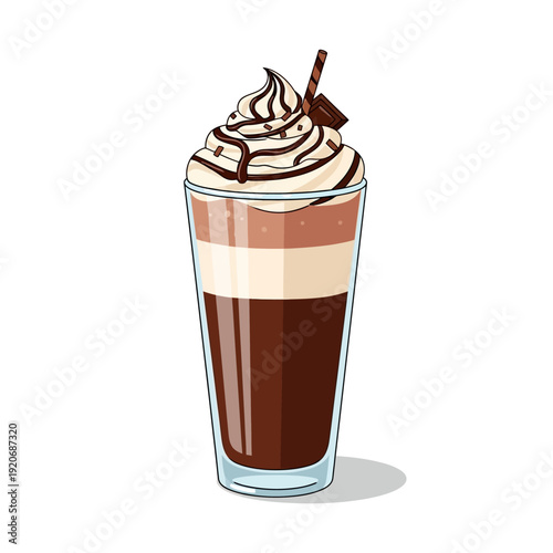 Delicious layered chocolate milkshake with whipped cream and chocolate syrup drizzle