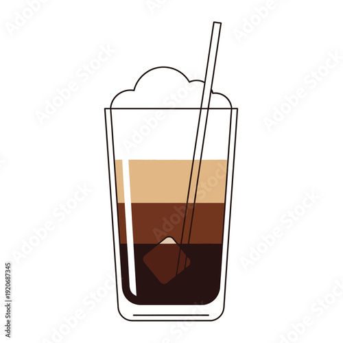 Iced Coffee Drink with Layers and Ice Cubes in a Tall Glass with Straw