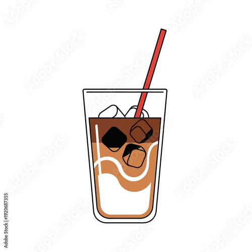 Refreshing Iced Coffee with Cream and Ice Cubes in a Tall Glass with Straw