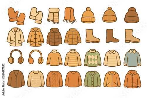 Collection of winter clothing items in various styles and colors displayed for seasonal shopping