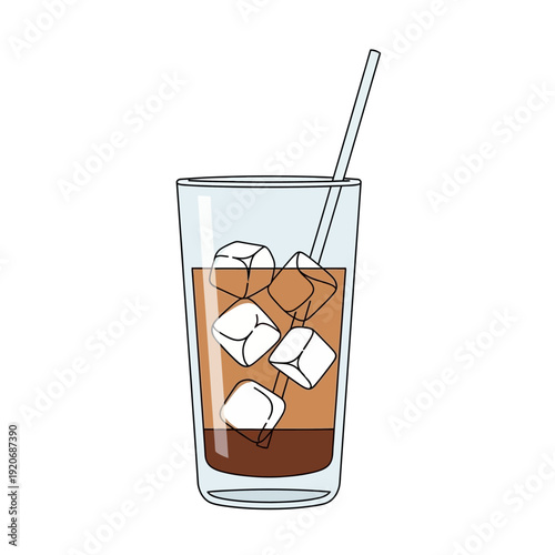 Refreshing iced coffee with ice cubes and straw in a tall glass, isolated on white background