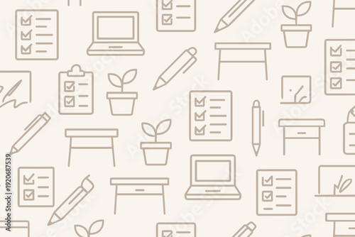 Patterns of school supplies and office items on a light background with plants used as design elements