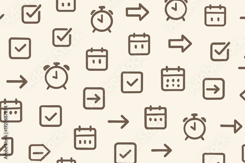 Patterns of time management with clocks, calendars, checkmarks, and arrows in simple design on a light background