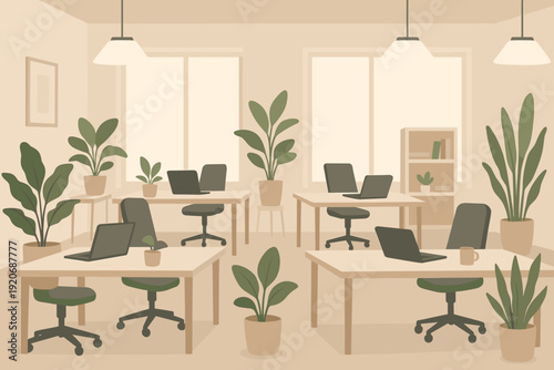 Office space with plants and desks set up for work during daytime in a bright environment