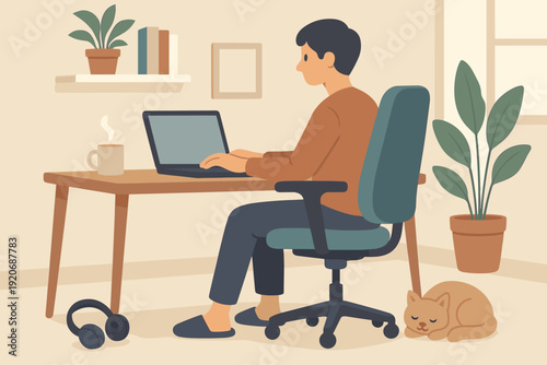 Man working on a laptop at a desk in a home office with a cat sleeping nearby during the day