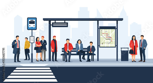 Modern vector illustration of a busy city bus stop with diverse commuters waiting under shelter, route signage, bench and crosswalk in clean flat style with solid colors for urban mobility design