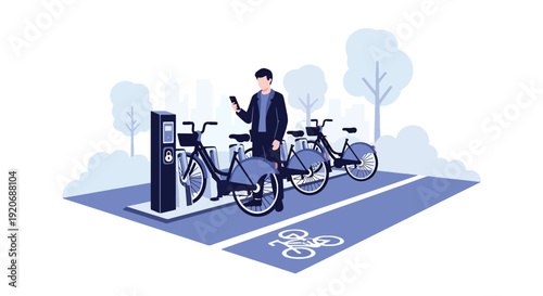 Modern vector illustration of bicycle sharing station with docked bikes and user unlocking bicycle via smartphone in clean flat solid color style for eco friendly city mobility concept