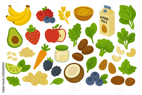 Healthy food items including fruits, vegetables, nuts, and almond milk arranged on a white background for healthy lifestyle concepts