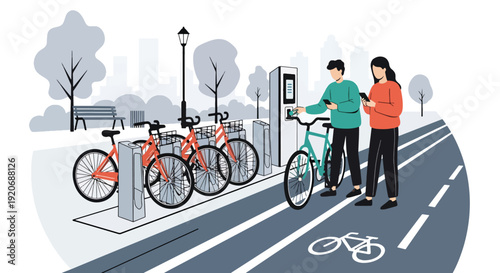Modern vector illustration of bicycle sharing station with docked bikes and user unlocking bicycle via smartphone in clean flat solid color style for eco friendly city mobility concept