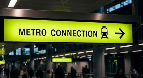 Bright yellow illuminated sign for METROCONECTION with train icon and arrow metro connection sign