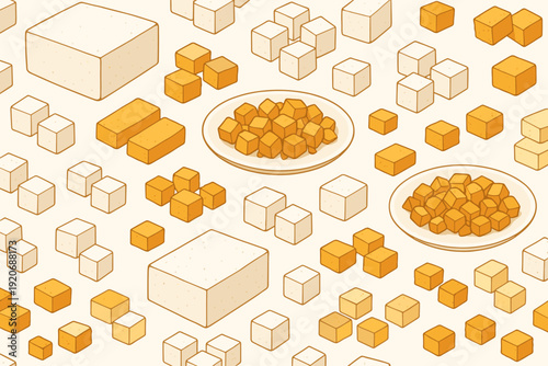 Different types of tofu and their shapes placed on a patterned background with plates and cubes of varying sizes