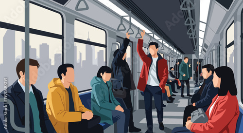 Modern vector illustration of light rail interior with seated and standing passengers holding handles and priority seating signs in flat solid color style for daily commute concept