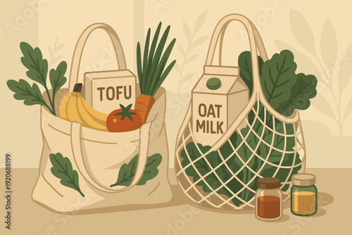 Grocery bags with vegetables and alternatives sitting on a table in a kitchen setting during daytime
