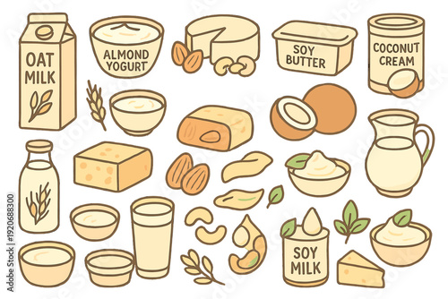 Dairy alternatives and plant-based products displayed on a light background in a simple layout