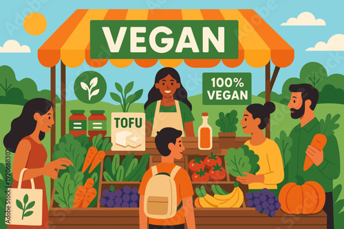 Market event showcases vegan food and healthy options with shoppers and vendors in a sunny outdoor setting