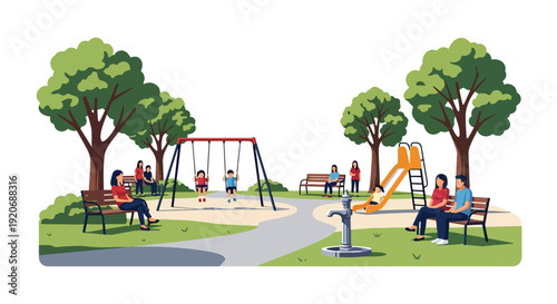 Modern vector illustration of public park playground with children playing on slides and swings, parents sitting on benches, trees and paths in flat solid color style for family outdoor activity