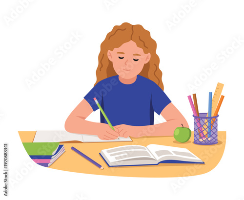 Vector illustration of a schoolgirl doing homework. Cartoon scene of a cute girl sitting at a desk writing with a pencil in a notebook, an open textbook, stationery isolated on a white background.