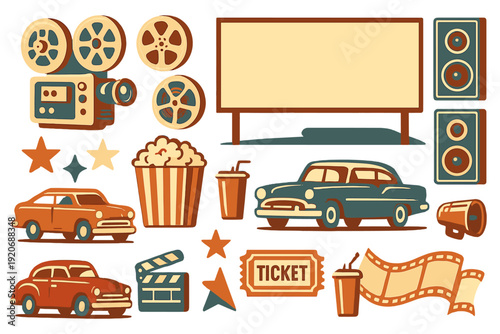 Movie night setup with popcorn, drinks, and vintage cars in a fun outdoor setting
