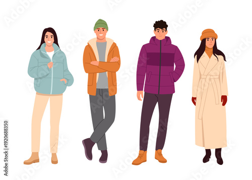 Vector illustration of a group of stylish guys and girls in winter clothes. Cartoon scene of young people dressed in warm outerwear: down jackets, coats, hats, shoes isolated on white background.