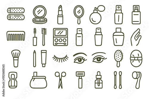 Different beauty tools and items arranged in a grid format on a light background for cosmetic and grooming purposes