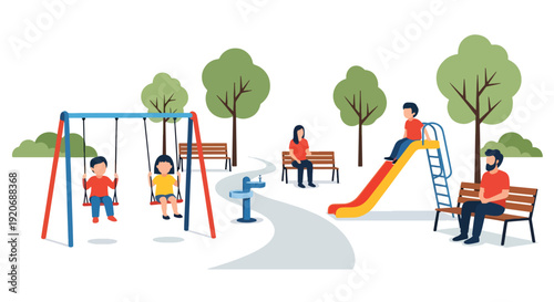 Modern vector illustration of public park playground with children playing on slides and swings, parents sitting on benches, trees and paths in flat solid color style for family outdoor activity