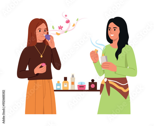 Vector illustration of a girl choosing perfume in a store. Cartoon scene of a girl smelling floral, citrus perfumes,consultant helps to choose a fragrance,perfume bottles isolated on white background.
