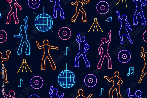 Neon dancing figures with music notes and disco ball create a lively pattern on a dark background in a fun design