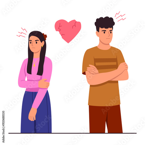 Vector illustration of relationship breakup. Cartoon scene of a couple girl and boy standing facing each other, feeling resentment, negative emotions, heart with cracks isolated on white background.