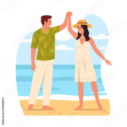 Vector illustration of happy man and woman, honeymoon on vacation. Cartoon scene of man and woman in love standing on the seashore, sand, sky, clouds, holding hands isolated on white background.