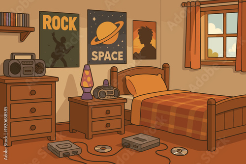 Bedroom with music and gaming setup featuring a bed, posters, and entertainment items in a cozy room