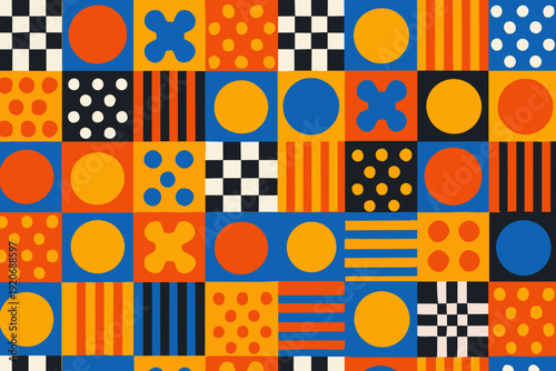 Bold pattern made of circles and squares in bright colors on a blue background during daytime