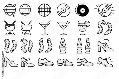 Symbols and objects related to party and dance activities displayed in a simple design style