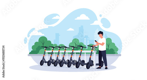 Modern vector illustration of electric scooter parking area in public plaza with rider unlocking scooter using smartphone in flat solid color style for micromobility city transport concept