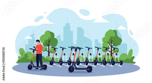 Modern vector illustration of electric scooter parking area in public plaza with rider unlocking scooter using smartphone in flat solid color style for micromobility city transport concept