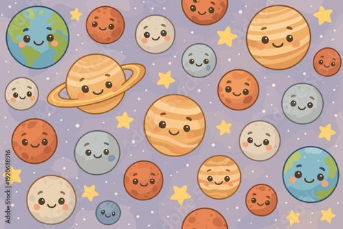 Planets and stars with smiling faces in a playful design on a purple background