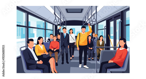 Modern vector illustration of public bus interior with passengers seated and standing with safety signage icons in flat solid color style for daily commute and etiquette concept