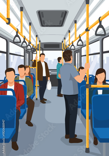 Modern vector illustration of public bus interior with passengers seated and standing with safety signage icons in flat solid color style for daily commute and etiquette concept