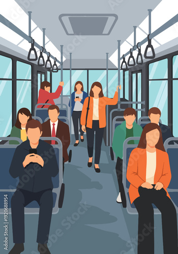 Modern vector illustration of public bus interior with passengers seated and standing with safety signage icons in flat solid color style for daily commute and etiquette concept