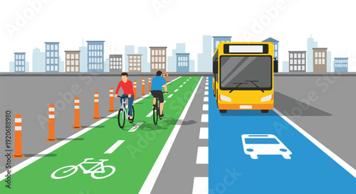 Modern vector illustration of city street with dedicated bike lane and bus lane, cyclists riding and bus passing in flat solid color style for sustainable urban transport planning concept