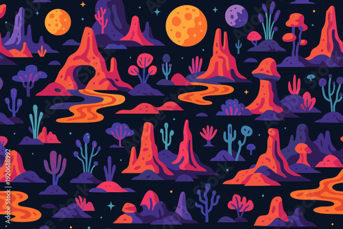 Colorful landscape with mountains and planets at night in a cartoon style