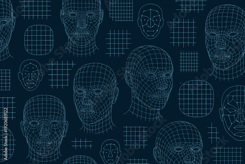 Wireframe models of human faces with grid patterns in dark colors showing design concepts and artistic ideas