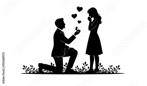 Marriage proposal silhouette couple with hearts vector