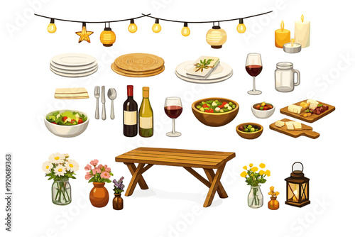Family gathering with food and drinks on a table with lights in the background during an evening event