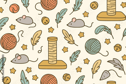 Cute mice play around a scratching post and colorful yarn balls in a fun and busy pattern on a light background