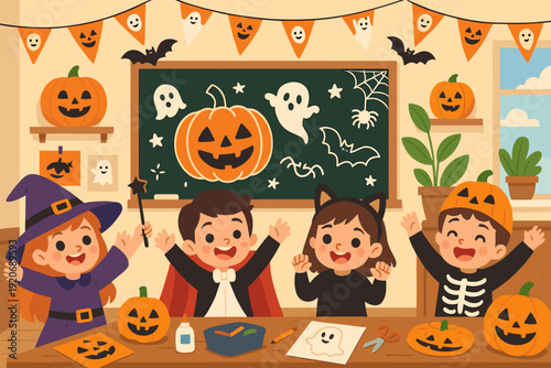 Kids celebrate Halloween with pumpkin decorations and costumes in a classroom during the festive season