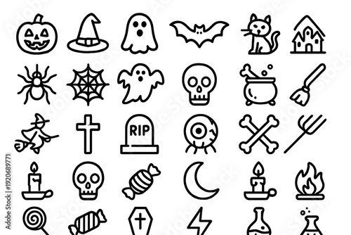 Halloween symbols and icons including pumpkin, ghosts, bats, and more for festive decorations and events in autumn