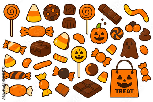 Colorful candy and treats are arranged in a fun pattern for festive celebrations and Halloween activities during autumn months